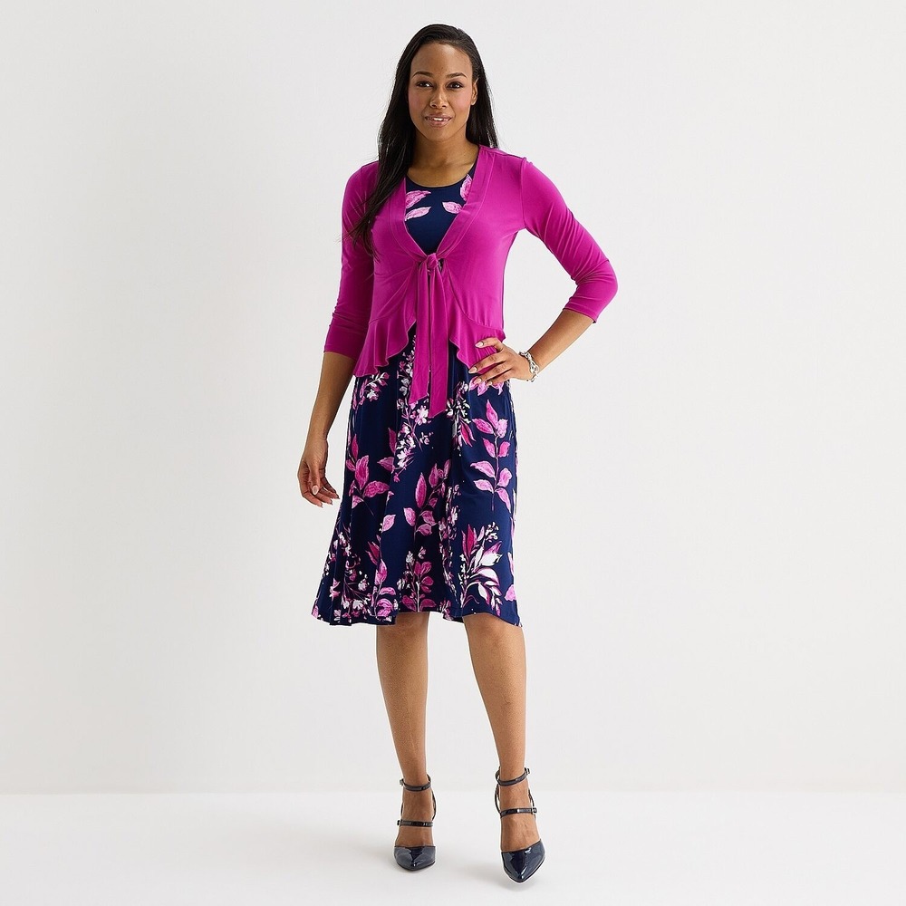 MSRP $84 Studio One Womens L Navy Pink 2 Piece Floral Jacket Dress